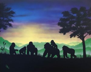 "Family" Gorillas in a Sunset