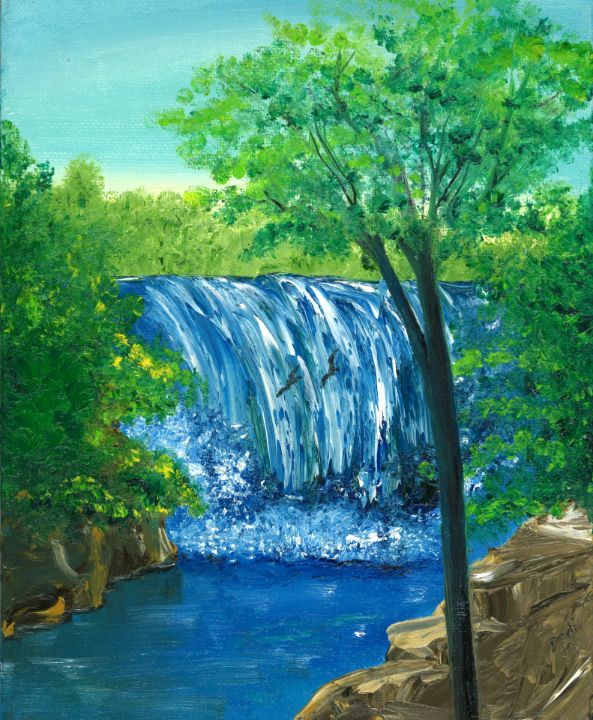 Drawing Nature Scenery: Waterfall, Sunset, and Houses | Scenery Drawing
