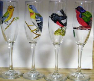 birds painted on wine glasses - Marty's Arty