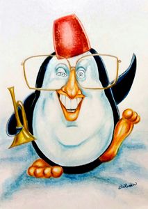 Happy Fez Penguin playing Trumpet