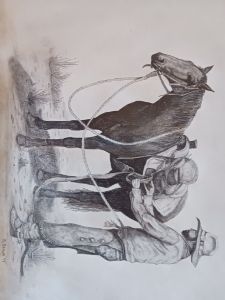 Cowboy unsaddleing his horse - Robert brown
