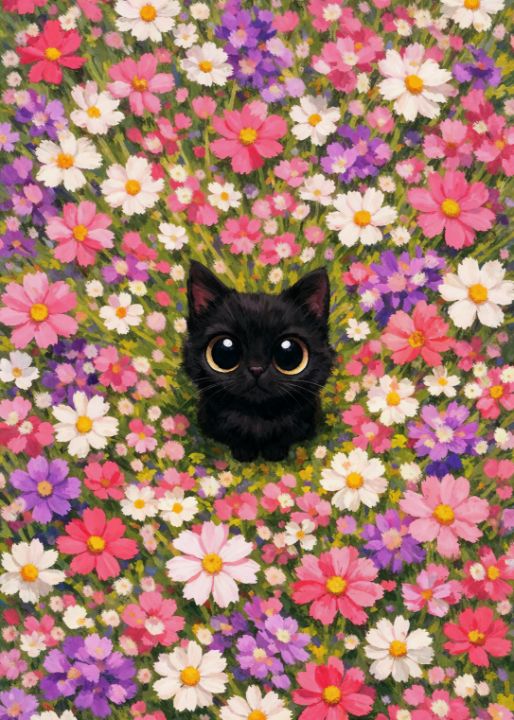 Cute Black Cat in a Field of Flowers - GardeniaArt - Digital Art & AI ...