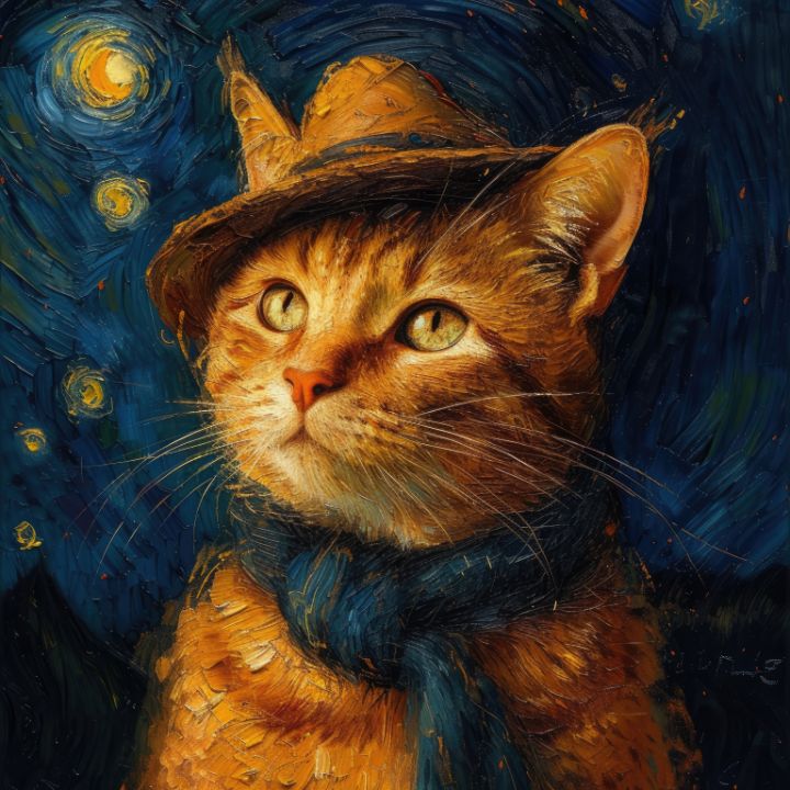 cat with hat, inspired by van gogh - NiklasArtHouse - Paintings ...