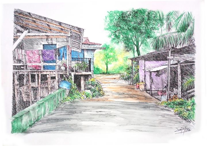 Kampung House Lawas Sarawak Sayd54 Drawings Illustration Buildings Architecture Residences Country Ranch Farmhouses Artpal