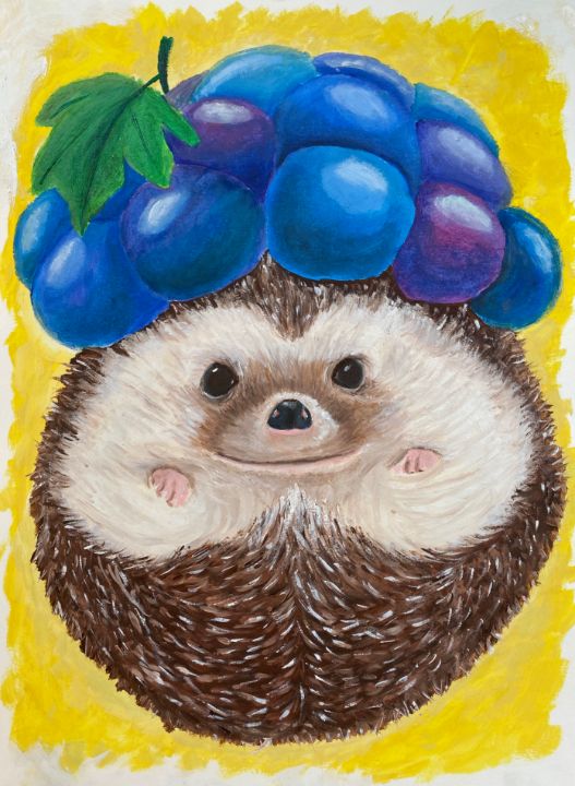 Hedgehog with Grape Hat Oil Painting - MoniOnOArt