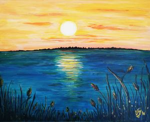 Sunset on lake - Veronika - Paintings & Prints, Landscapes