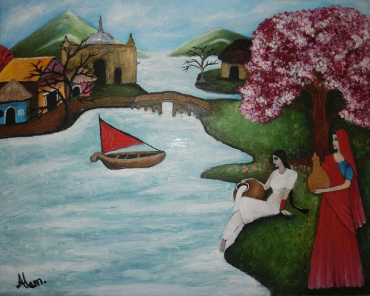 Women's taking water from River - Paintings and Sketches