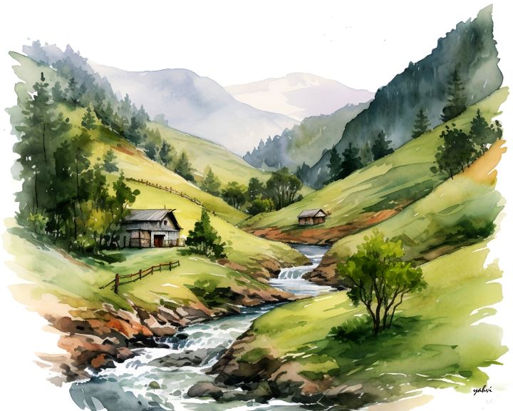 House on The Mountain Village | Watercolor Painting by Abhijeet Bahadure |  Exotic India Art