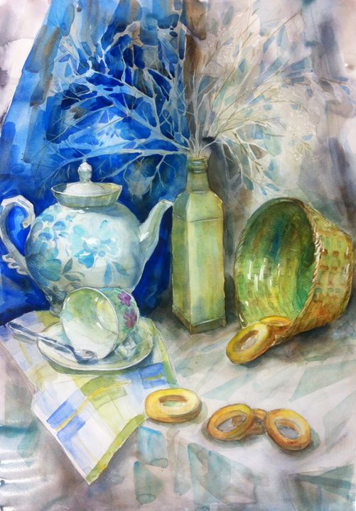 Still life with teapot and bagels - Mariia Kamenska