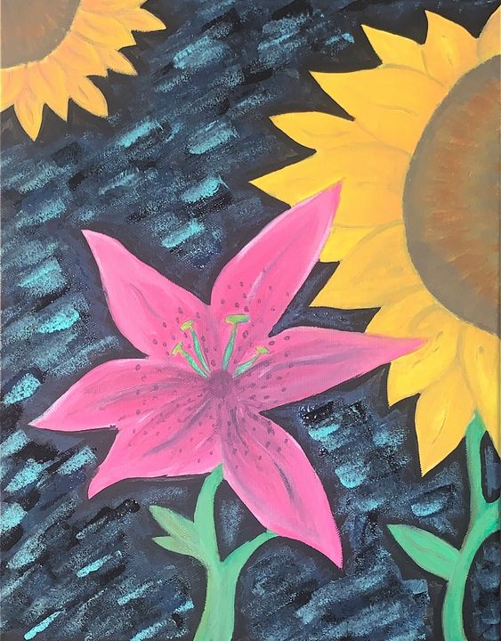 Sunflower and Pink Lily Painting - Kat Sky Ash Art & Photography - Paintings  & Prints, Flowers, Plants, & Trees, Flowers, Other Flowers - ArtPal