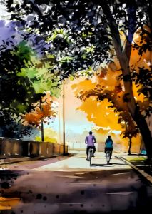Boy and girl cycling in mid road art