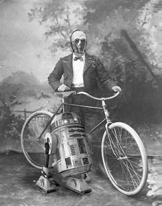 R2D2 and C3PO with vintage bike
