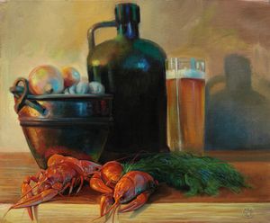 Still life with crayfish - Sergey Lesnikov art