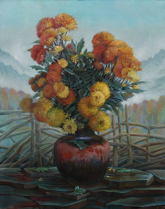 Chrysanthemums on a foggy background - Sergey Lesnikov art