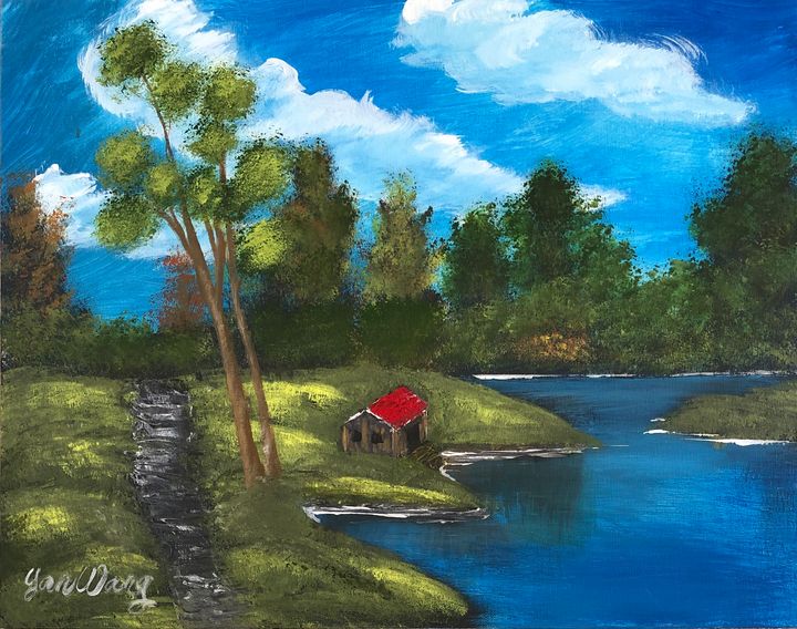 Lakeside Cabin - Family Art - Paintings & Prints, Landscapes & Nature ...